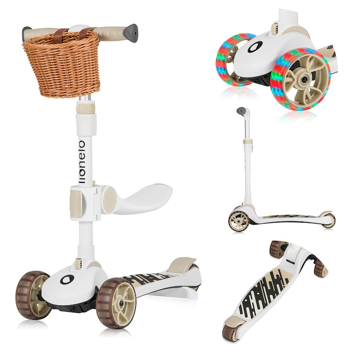 Trotineta, Lionelo, Franky, Multifunctionala, Pliabila, Pana la 50 kg, Bicicleta cu 3 roti si trotineta de echilibru, Ghidon reglabil, Sezut detasabil, Roti cu LED, Conform cu EN71, EN62115, 12 luni+, Bej