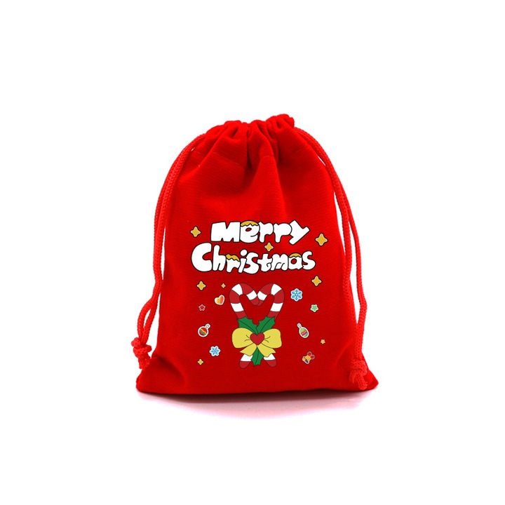 Sac de cadouri tematic Craciun, bumbac, rosu, 15x20cm