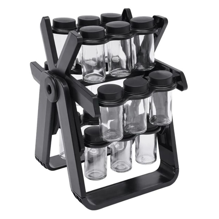 Organizator Condimente GREATON, Rotativ 360°, 18 Recipiente Transparente Incluse, Design Elegant, Dimensiuni 34x23 cm, Negru