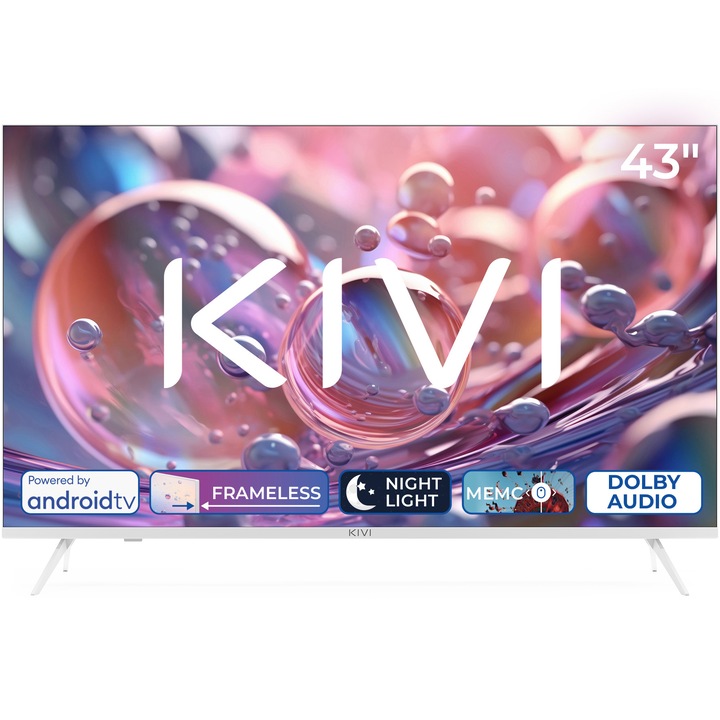 Телевизор KIVI LED 43U760QW, 43" (109 см), Smart Android TV, 4K Ultra HD, Клас F, Бял