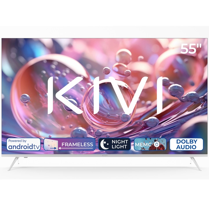 Телевизор KIVI LED 55U760QW, 55" (140 см), Smart Android TV, 4K Ultra HD, Клас G, Бял