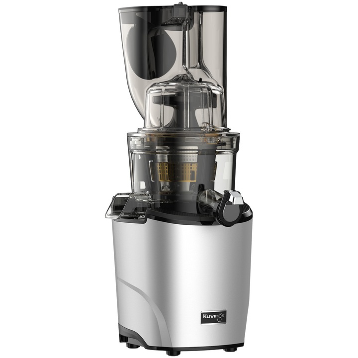 Сокоизстисквачка Kuvings REVO 830-RD за плодове и зеленчуци със шнек и студено пресоване с двойна фуния, 200W, 50 pm, Контейнер за сок 0,4 л, Функция реверс, Сребрист