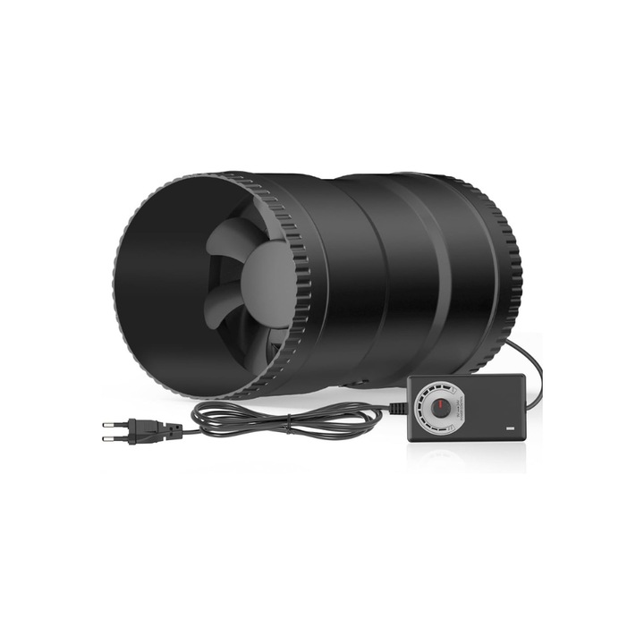 Ventilator de evacuare Inline, Hon Guan, 100mm Reglabil, 221m³/h, cu Plug UE, Negru