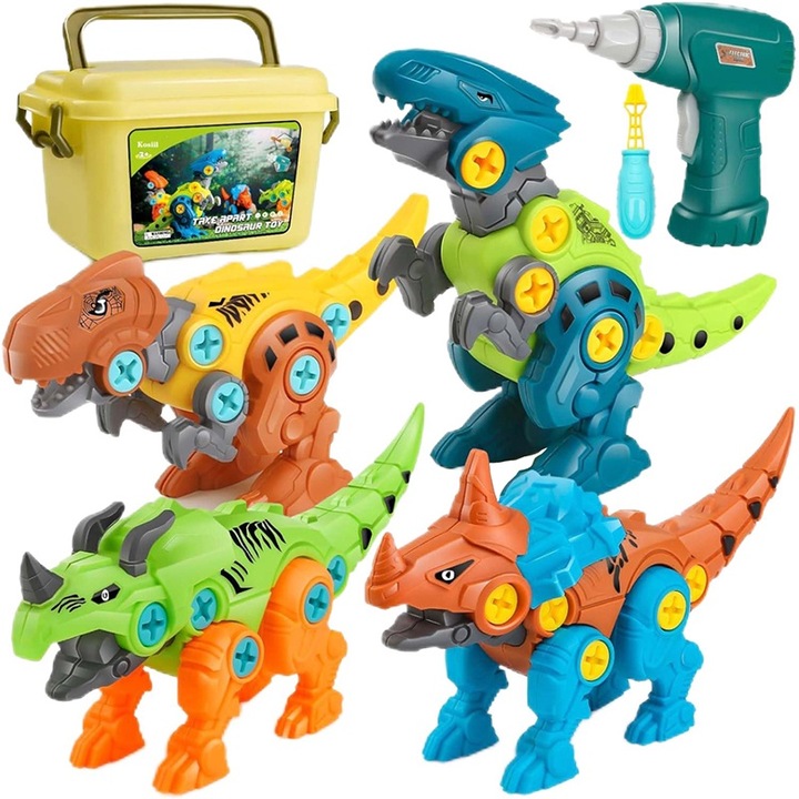 Set de asamblare dinozauri pentru copii, Kosiil, 4 dinozauri de asamblat, cu cutie de depozitare, Masina de gaurit si infilelat electrica, Surubelnita, DIY Jucarie pentru baieti si fete 3-8 ani, Plastic, Multicolor