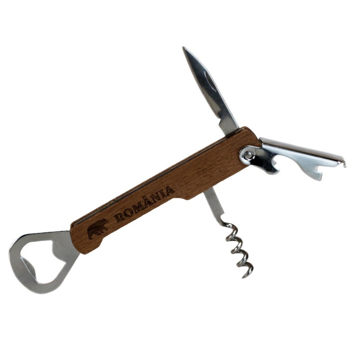 Tirbuson multifunctional Romania Bear, 4 functii, lemn / otel, gravat, OnemisFlot