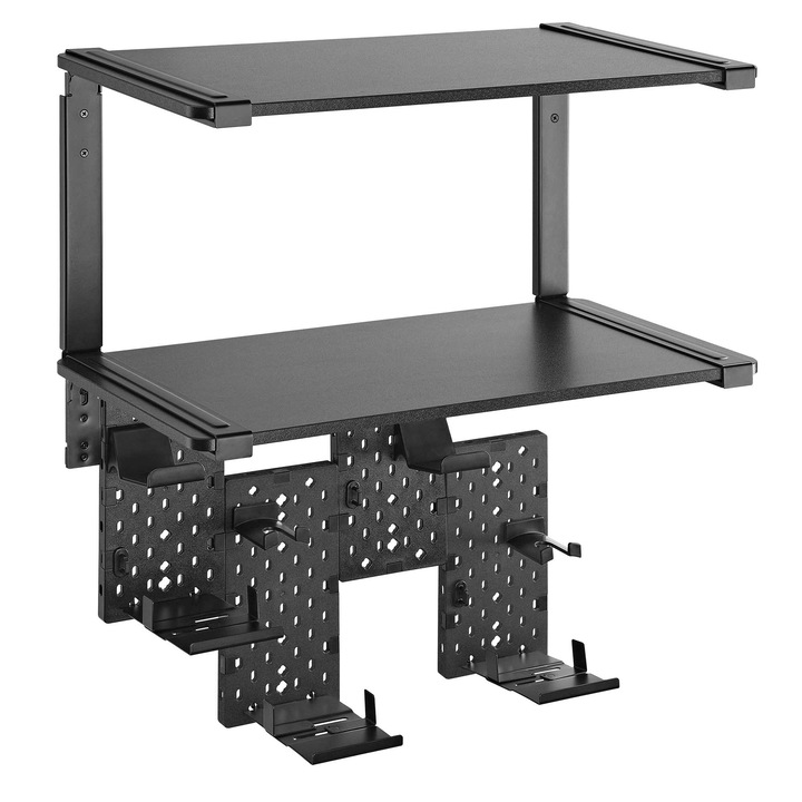 Suport de perete si rafturi StableDesk, Organizator tip Pegboard pentru Birou Office, Gaming, Suport Casti, Controller, Tastatura, Carti, Discuri si Cabluri, Design Modular, Compatibil Joystick Xbox, PS4, PS5, Negru