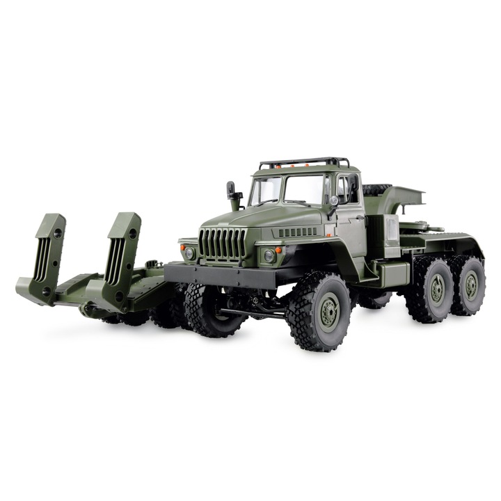 Camion RC cu telecomanda militar Ural B36 cu remorca transport greu, Lungime 105 cm, Scara 1:16, 6WD, 2.4GHz, Lumina LED fata, RTR, 8+