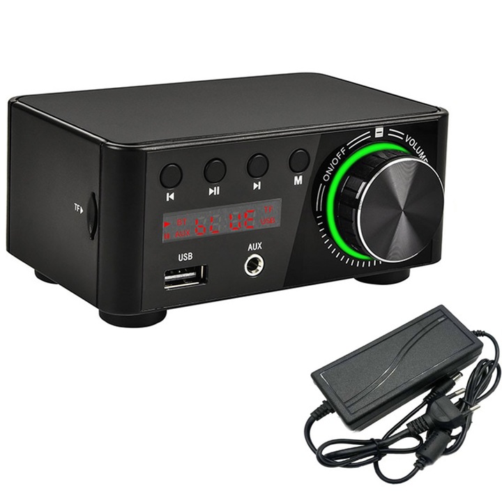 HIFI аудио усилвател, 2x50W, USB поддръжка, TF карта, RCA, AUX, черен, 110x90x51mm