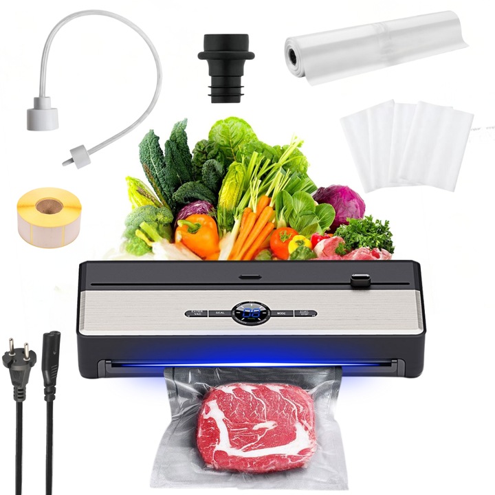 Aparat de Vidat si Sigilat Wanty®️ Pro, Vacum Multifunctional, Putere Vidare Reglabila, Display Digital, Cutter incorporat, Cablu, Rola de Rezerva, Tub de Vidare, Rola x80 etichete autoadezive, 1x Marker, Dop Vin si 10x Pungi incluse