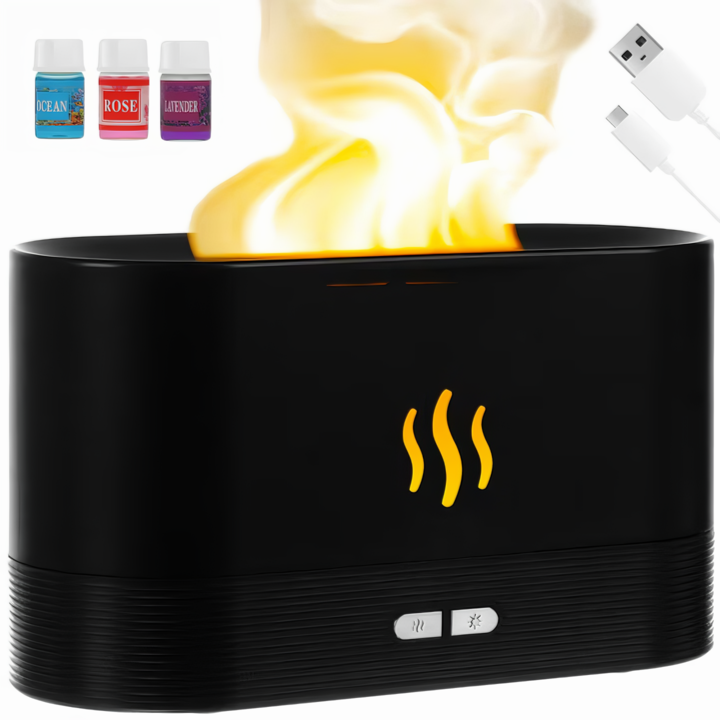 VarioShop® стаен овлажнител, ефект на пламък, 7 светлини + 3 чисти етерични масла, хидратация и ароматерапия, ултразвуков дифузер, безшумен, капацитет 180 ml, 17x9, 8x7, 2 черни