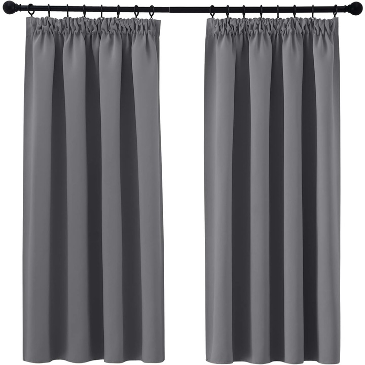 Set 2 Perdele cu banda rejansa, PONY DANCE, 140 x 145 cm, Opace, Blackout, pentru Intunecarea camerei, Protectie termica si lumina, perfect pentru Ferestre si Usi Dormitor/ Living, Gri