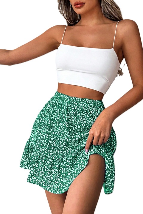 Fusta Dama, Cu Imprimeu Floral Marunt Si Tiv Cu Volane, Verde