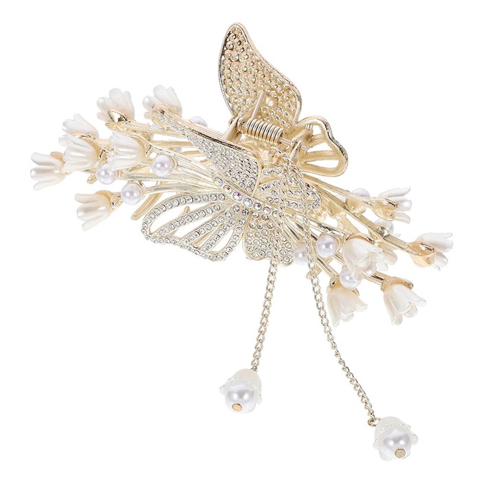 Agrafa de par cu perle si strasuri, model fluture si floare, alb/auriu