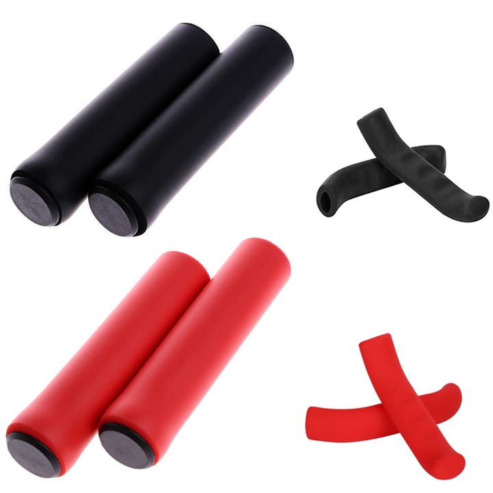 Set Mansoane si Acoperitori Frane Bicicleta, Silicon, Antiderapante, Negru si Rosu, 1.4x7.5cm, 3x12.5cm