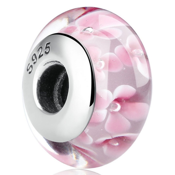 Cercei din argint 925, SilverBeads, transparenta cu flori roz, 9x15mm