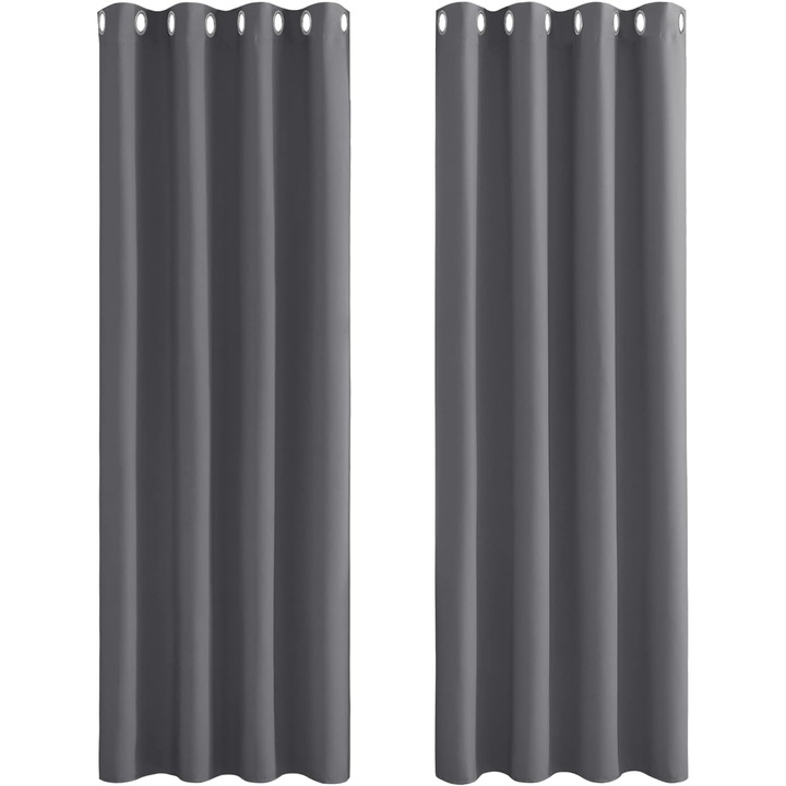 Set 2 Perdele Pony Dance, 140 x 175 cm, Gri, Opace, Blackout, Termoizolante, cu Inele Metalice