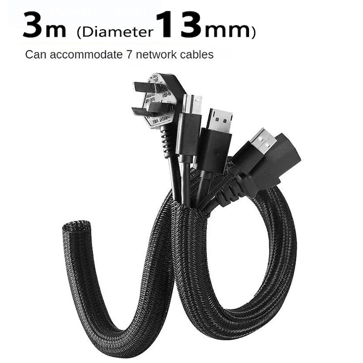 3m x 13mm, kashemano, Organizator cabluri autoinchidere, rezistent la temperaturi inalte, protectie impotriva rozatoarelor, negru