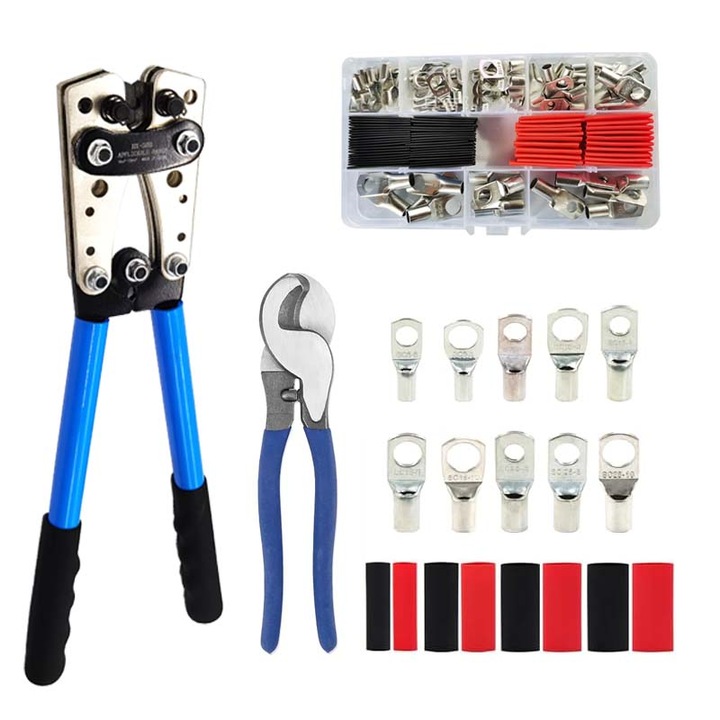 Комплект шестостенни клещи за кримпване, 6 размера 10-1AWG, 6-50 мм, с 10-инчов нож за тел, 60 накрайника на кабела, 60 термосвиваема тръба