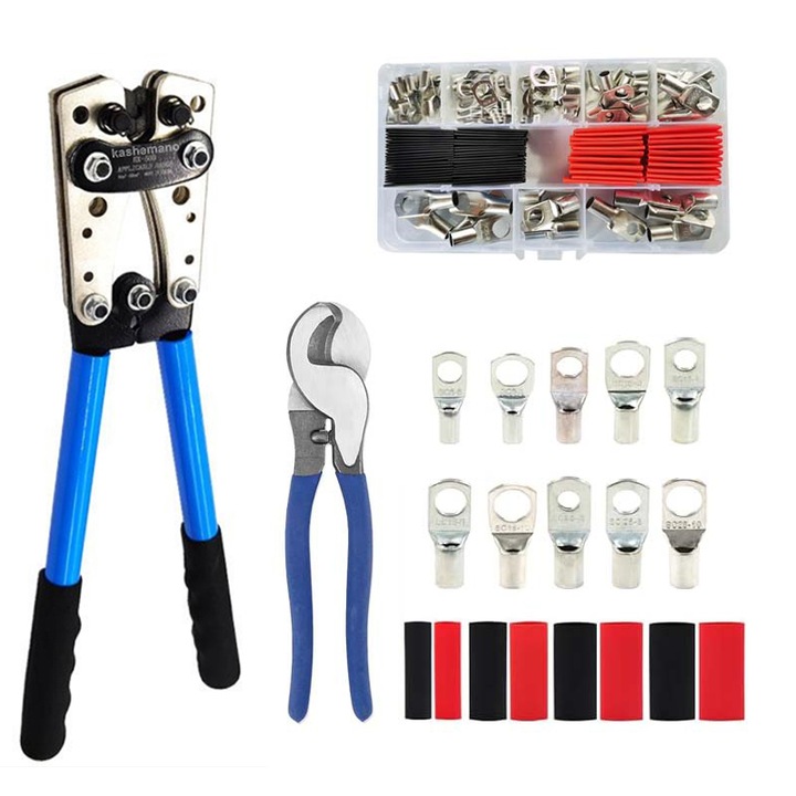 Set cleste sertizare hexagonal, kashemano,6 dimensiuni 10-1AWG, 6-50mm, cu taietor sarma 10 inch, 60 capete cablu, 60 tuburi termocontractibile