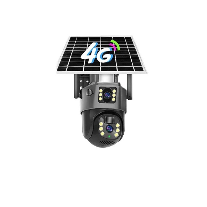 Camera De Supraveghere Dubla, Panou Solar 6W, 4G SIM Slot, 4+4 MP FULL HD, 355°, Impermeabil, Alarma, Tracking, Miromoto®