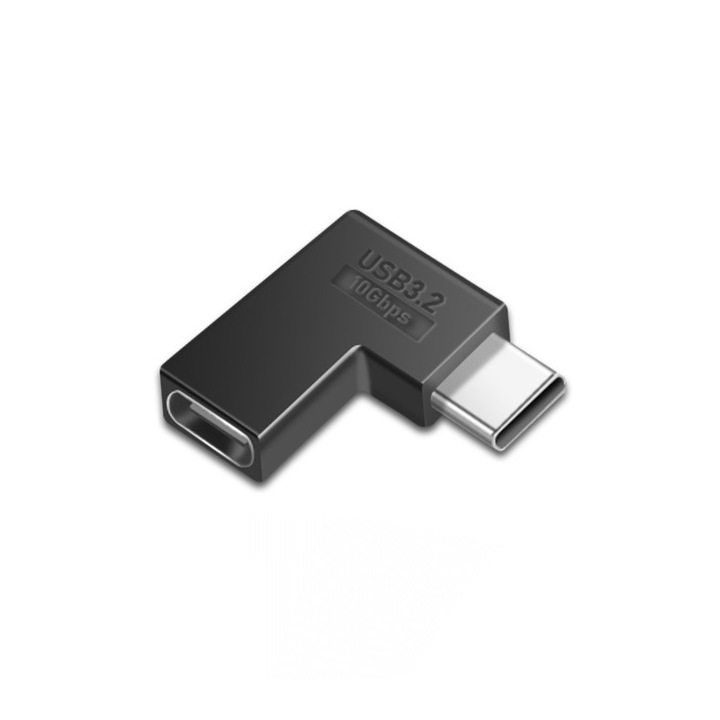 Adaptor USB-C unghi 90 grade, incarcare rapida 100W, transfer date 10Gbps, negru, 1.4x1.4x1.2cm/1.9x1.7x0.6cm