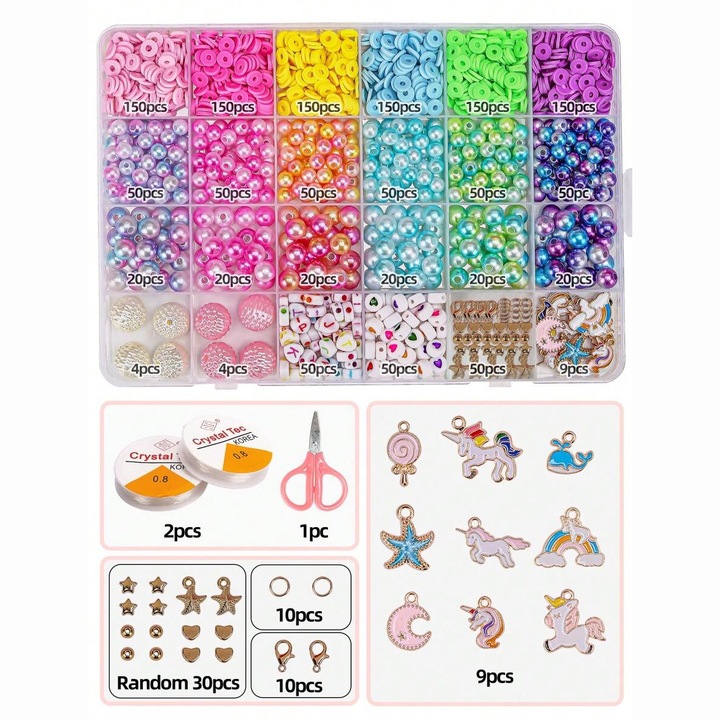 Set margele pentru fabricare bratari, perle, Multicolor, predominant Mov si Roz, 2 role fir si 1 foarfeca, 1500 bucati