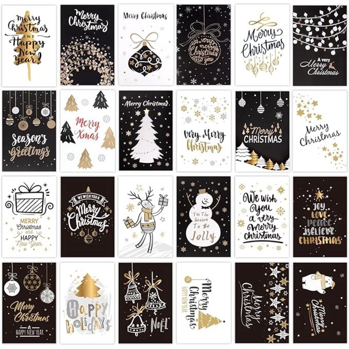 Set 24 Felicitari de Craciun Fericit cu plicuri si autocolante, OEMG®, Cu plicuri, Pliabile, Greu de estompat, 10 x 15 cm, Multicolor