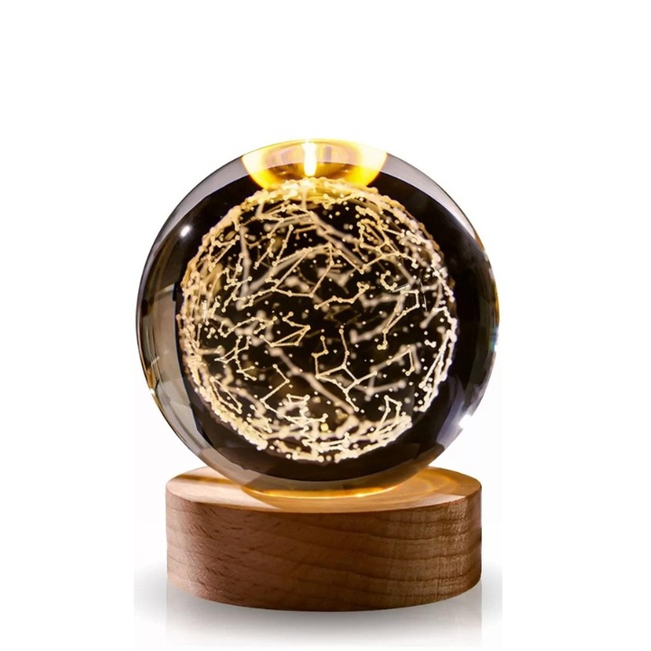 Lampa, Glob de Cristal, Constelatii, lumina calda, alimentare USB, usor de utilizat, Glob - 8 cm diametru, Baza - 2 cm inaltime, 6 cm diametru