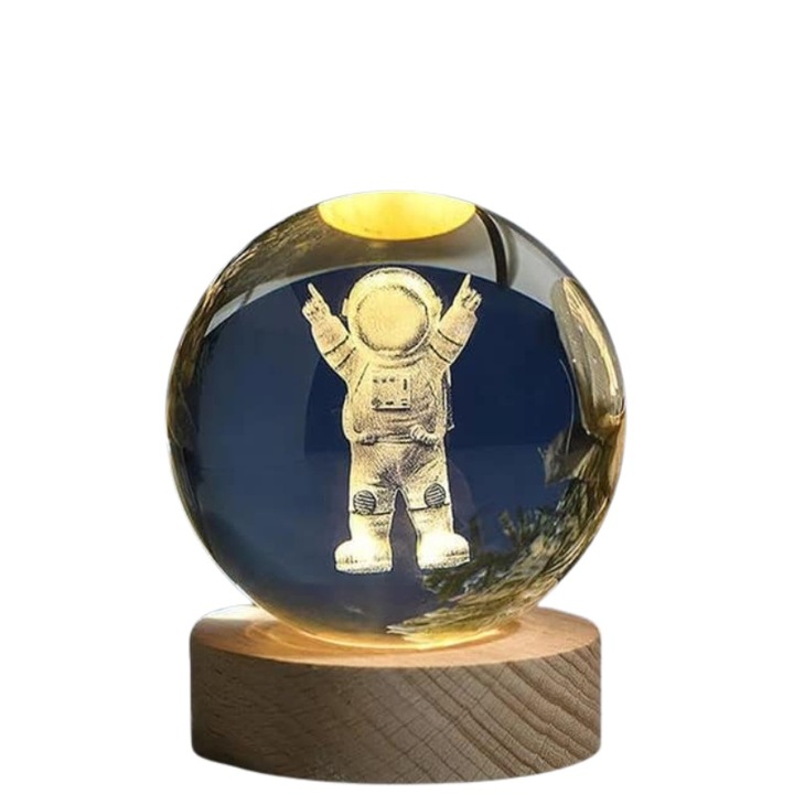 Lampa, Glob de Cristal, Astronaut, lumina LED calda integrata in baza, Glob - 6 cm diametru, Baza - 2 cm inaltime, din cristal