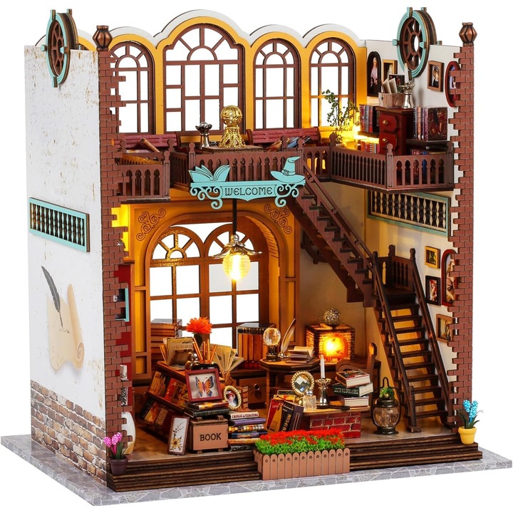Casa Miniaturala Magic Book, Puzzle 3D DIY, cu LED, 30.48x5.08x20.32cm, Multicolor