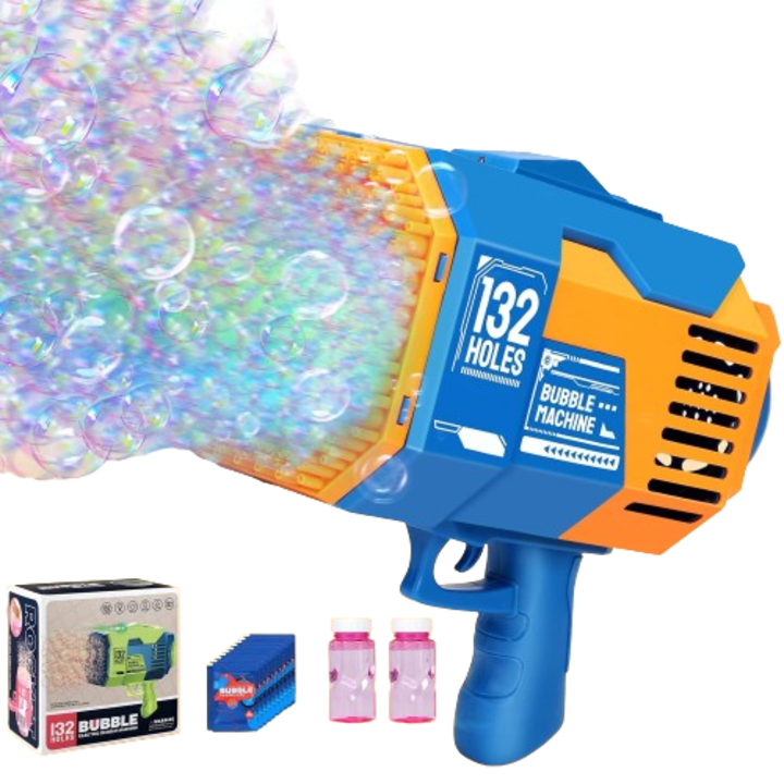 Pistol cu bule, Bazooka, cu 132 de gauri, cu solutie concentrata, albastru/portocaliu