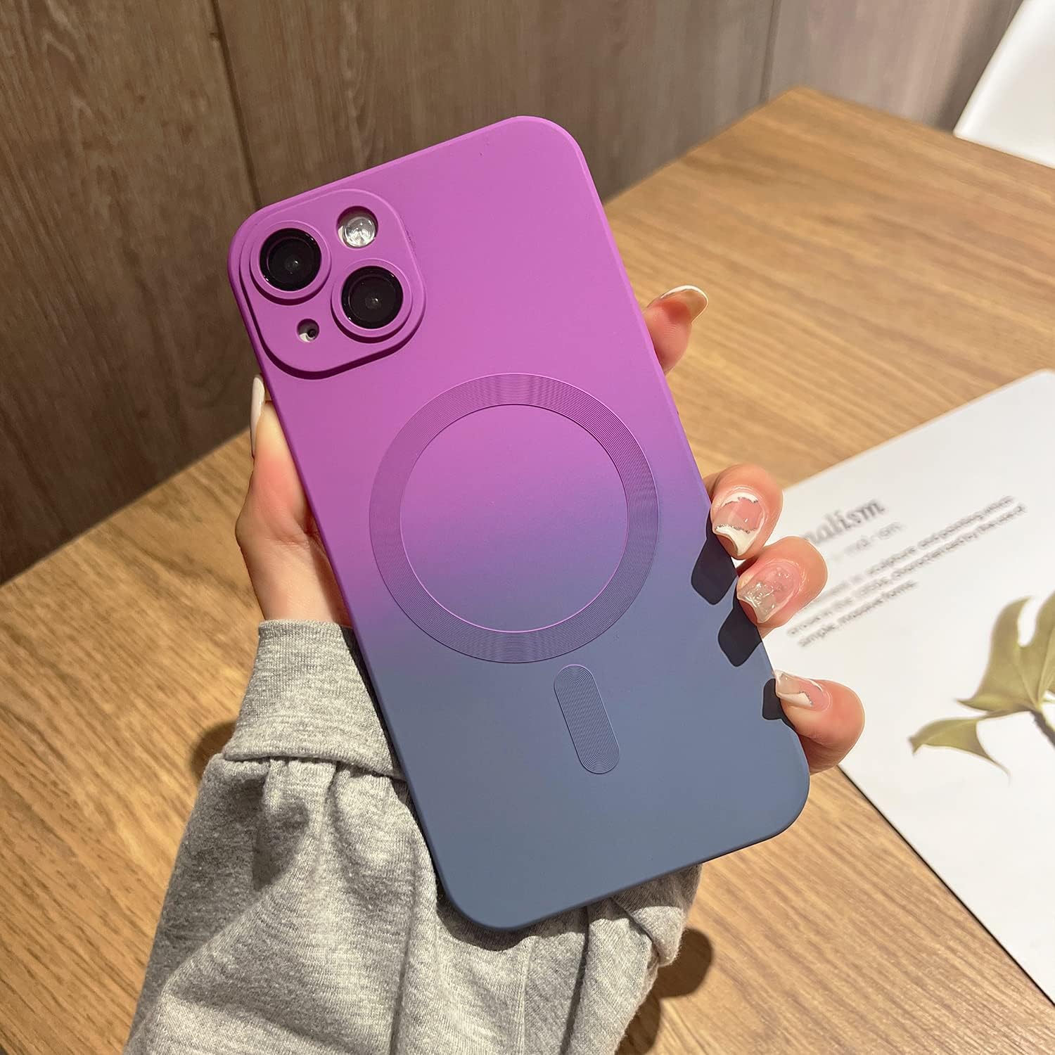 Husa gradient de protectie tip bumper compatibila cu Apple iPhone 15 plus, enkourakoko®, Gri Violet