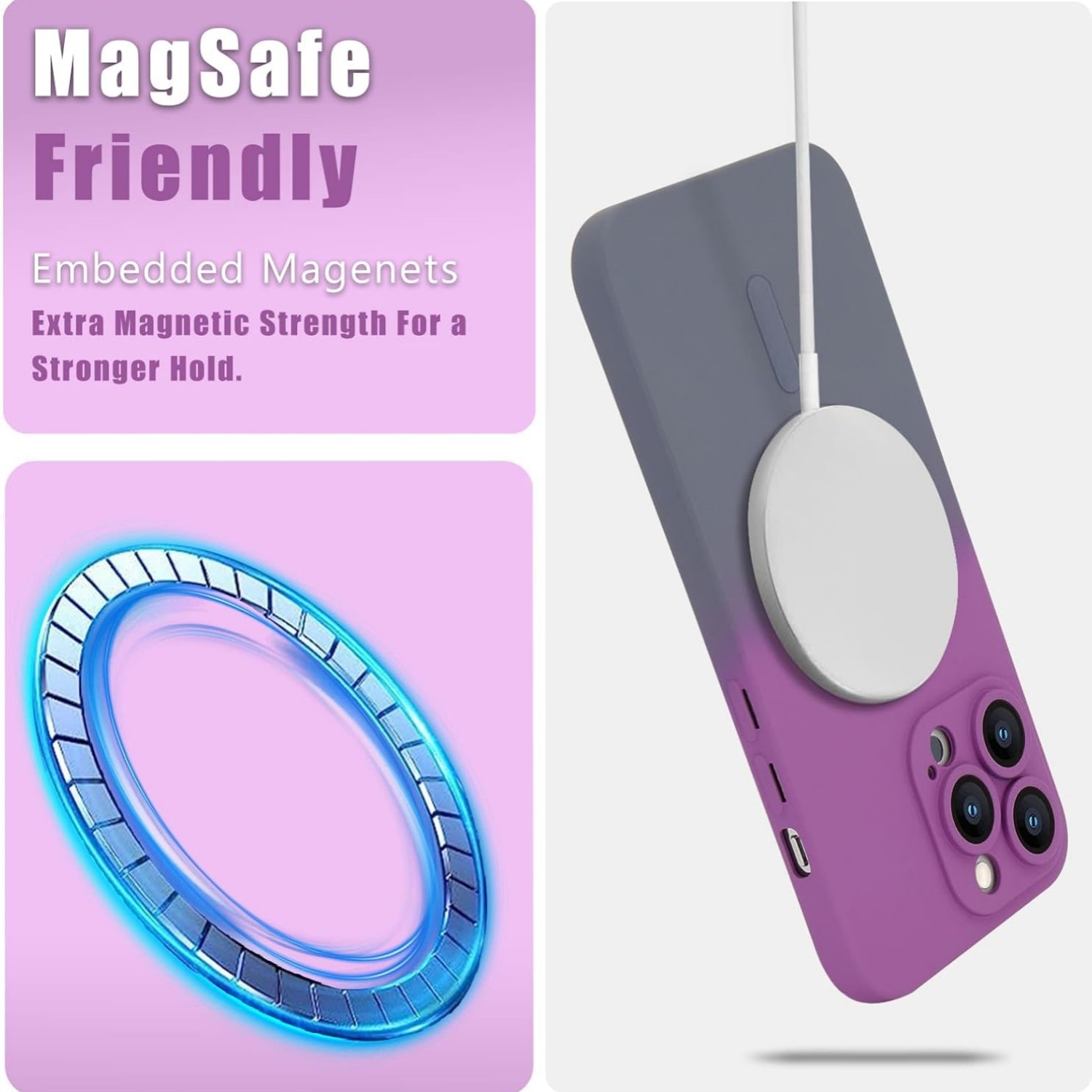 Husa gradient de protectie MagSafe tip bumper compatibila cu Apple iPhone 16 plus, enkourakoko®, Gri Violet