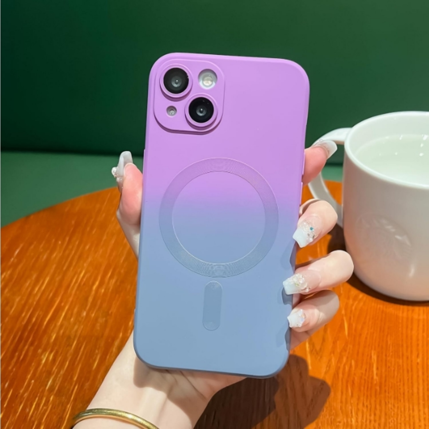 Husa gradient de protectie tip bumper compatibila cu Apple iPhone 15 plus, enkourakoko®, Gri Violet