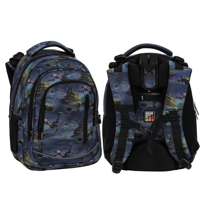 Ghiozdan scolar ergonomic, Zola, compartimente multiple, 2 buzunare laterale plasa, bretele moi reglabile, Grow white me, ajustabil pe inaltime, greutate redusa, spate spuma respirabila, elemente reflectorizante, clasa 0-4, model Fortnite, 39 x 27 x 20 cm