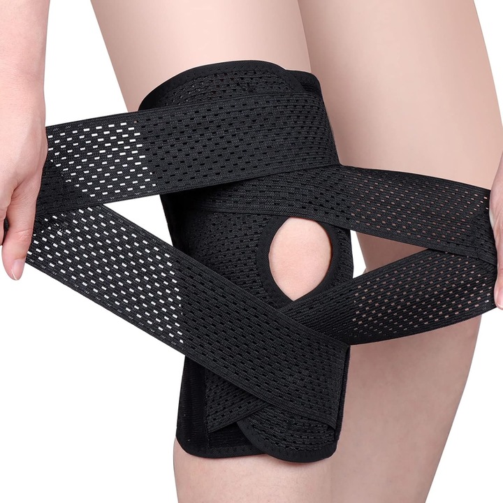 Genunchiera tehnico- medicala profesionala, orteza leziuni ligamente si articulatii, edem si dureri genunchi, stabilizator rotula in activitati intense, ajustabila, elastica, unisex, Negru, M