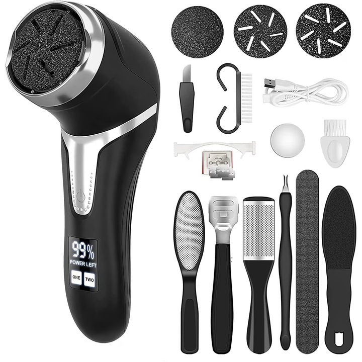 Set Pila Electrica pentru Pedichiura, 2 Viteze, Negru, 17x4.5cm