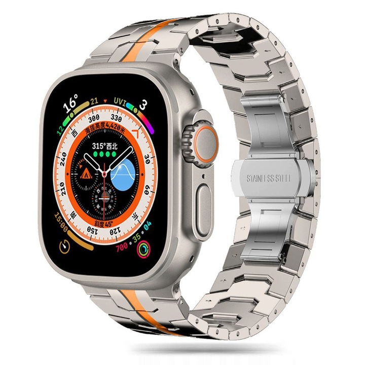 Curea pentru Apple Watch 1/2/3/4/5/6/7/8/9/10/SE/SE 2/Ultra/Ultra 2 42/44/45/46/49mm, Watchband, S56, Otel, Titanium Orange