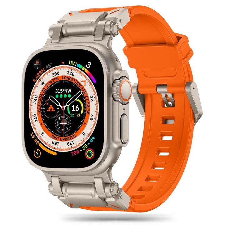 Curea pentru Apple Watch 1/2/3/4/5/6/7/8/9/10/SE/SE 2/Ultra/Ultra 2 42/44/45/46/49mm, Watchband, S47, Silicon, Titanium Silver Orange