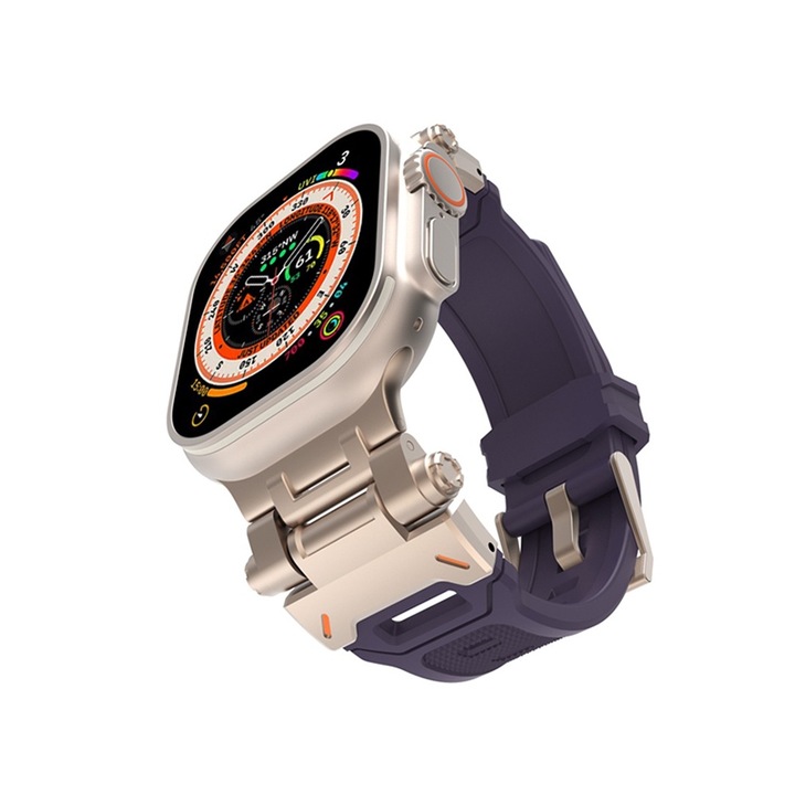 Curea pentru Apple Watch 1/2/3/4/5/6/7/8/9/10/SE/SE 2/Ultra/Ultra 2 42/44/45/46/49mm, Watchband, S50, Silicon, Titanium Silver Purple