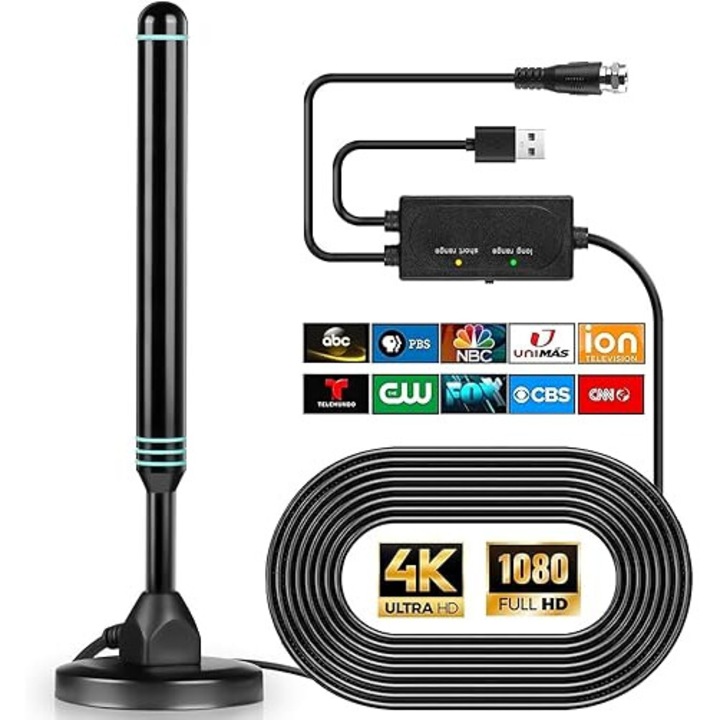 Antena TV interior, semnal HD 4K 1080p, amplificator inclus, receptie long range, instalare usoara