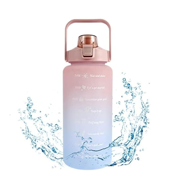 Бутилка за вода със сламка, Zola, система за заключване на капака, 2000 ml, маркер за време със съобщения, без BPA, издръжлива дръжка, 30 x 10 cm, розово/синьо