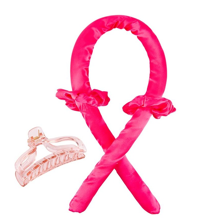 Set ondulator de par, Zola®, fara caldura, din spuma moale, accesorii incluse, lungime 100 cm, roz aprins