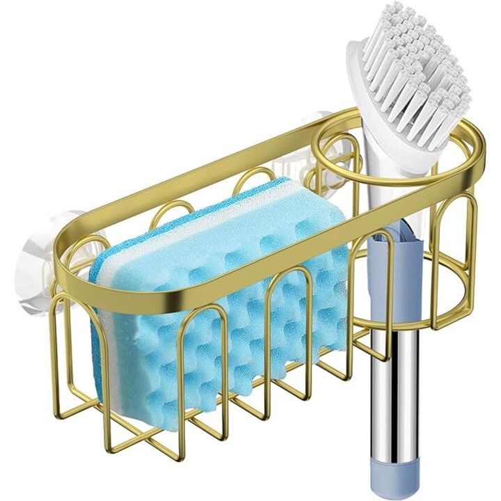 Suport cu ventuza pentru burete, otel inoxidabil, design gol, auriu