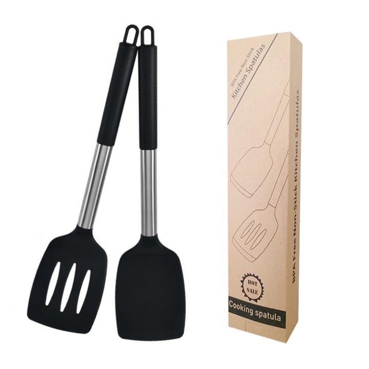 Set 2 spatule bucatarie, Hggzeg, Termorezistent, Antiaderente, Sigur si netoxic, Anti-rugina, Anti-coroziune, Greutate redusa, Maner ergonomic, Suspendabil, Nu este usor de rupt, Facil de curatat, Silicon, 8x35 CM, Negru