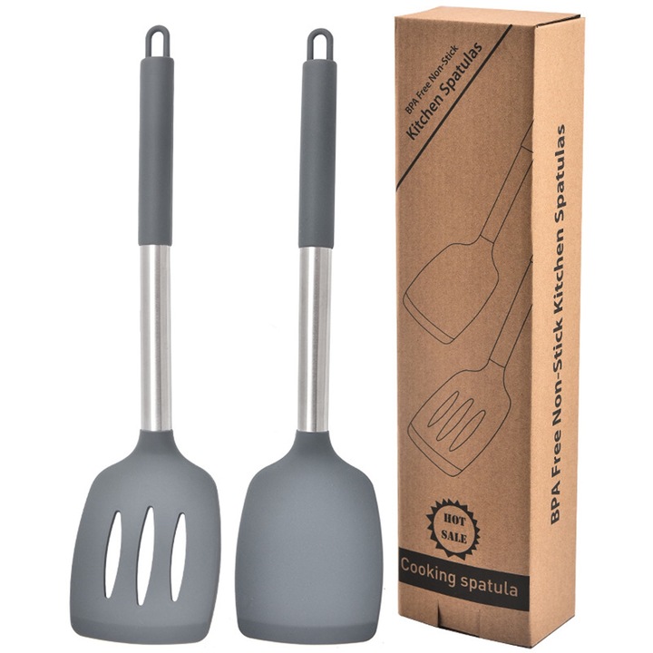 Set 2 spatule bucatarie, Hggzeg, Termorezistent, Antiaderente, Sigur si netoxic, Anti-rugina, Anti-coroziune, Greutate redusa, Maner ergonomic, Suspendabil, Nu este usor de rupt, Facil de curatat, Silicon, 8x35 CM, Gri