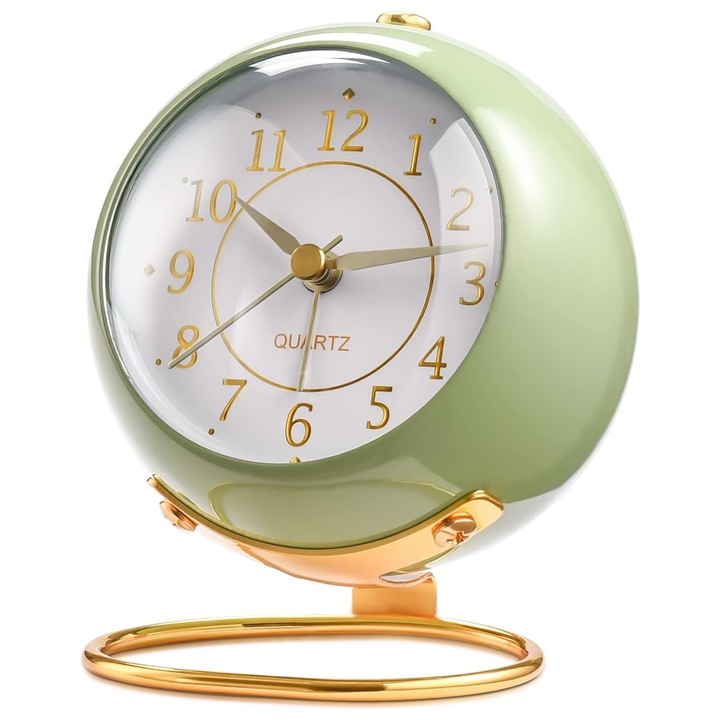Ceas desteptator analog, Hggzeg, Iluminat, Mecanism silentios, Sticla HD, Design modern, Pentru camera de zi, dormitor pentru copii, sufragerie, bucatarie, birou, hol, Material PVC/Metal, 10.5x8.5 cm, Verde/Auriu