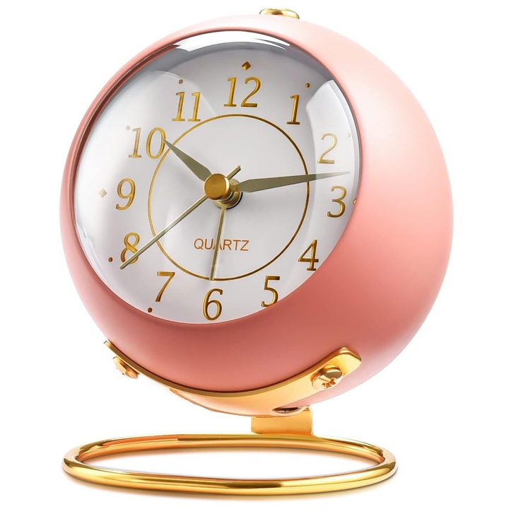 Ceas desteptator analog, Hggzeg, Iluminat, Mecanism silentios, Sticla HD, Design modern, Pentru camera de zi, dormitor pentru copii, sufragerie, bucatarie, birou, hol, Material PVC/Metal, 10.5x8.5 cm, Roz/Auriu