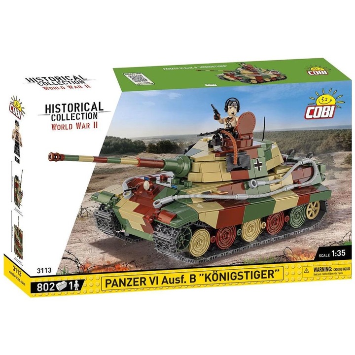 COBI Építőkészlet, WWII 3113 Panzer VI Ausf. B Konigstiger tank, 802 darabos, 1 figura, 1:35, többszínű