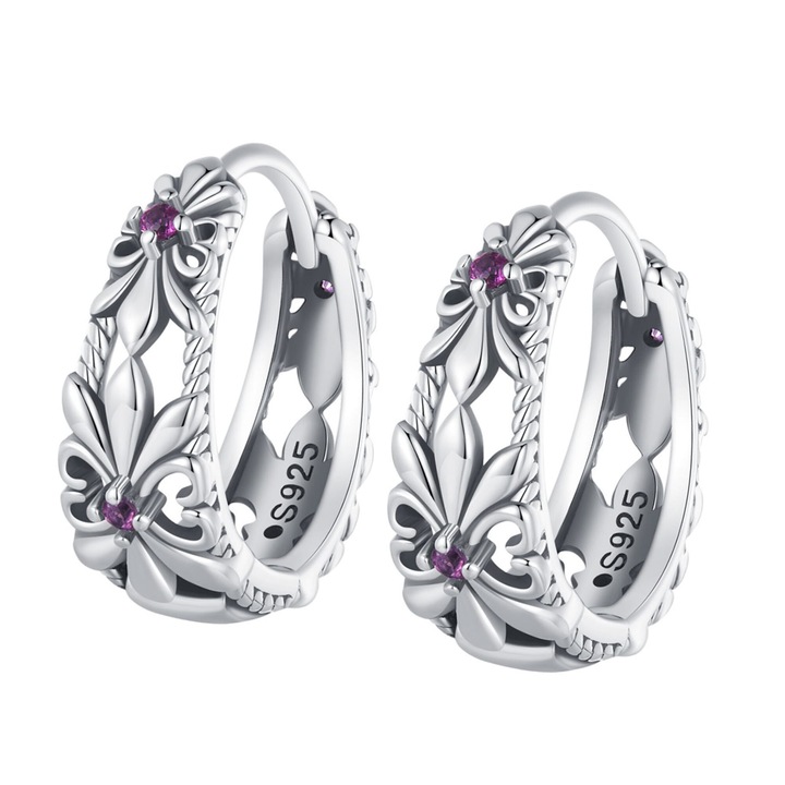 Cercei argint, SilverBeads, flori cu cristale rubin, 13x5mm